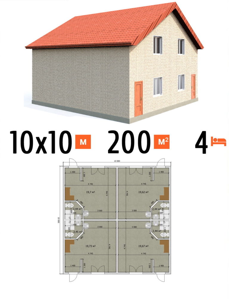 Проект гостиницы 200 кв.м 4 номера 10 на 10 двухэтажная - расчет под чистовую фото и планы