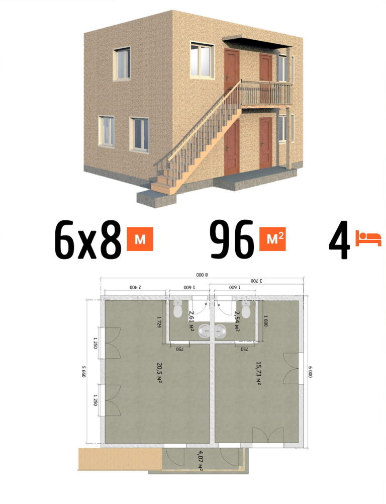 Проект гостиницы 96 кв.м 4 номера 6 на 8 двухэтажная - стоимость постройки фото и планы