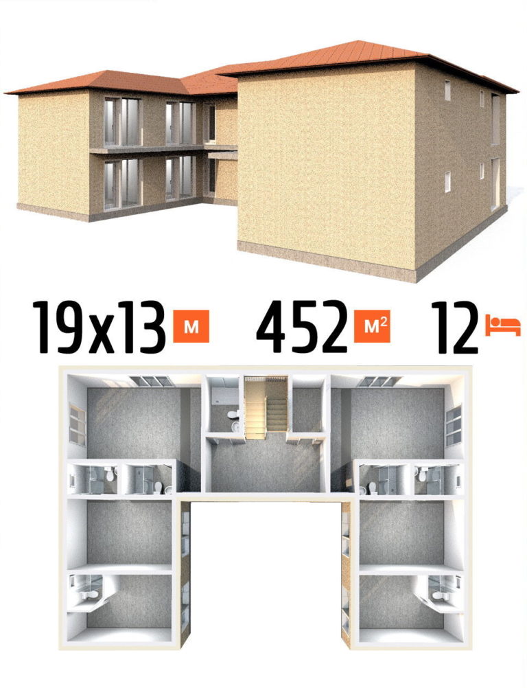 Проект гостиницы 452 кв.м 10 номеров 19 на 13 двухэтажная - стоимость строительства фото и планы