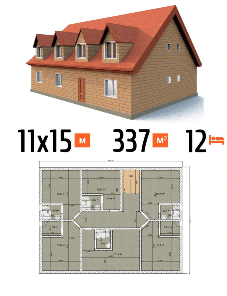 Проект гостиницы 337 кв.м 12 номеров 11 на 15 двухэтажная - цена строительства фото и планы