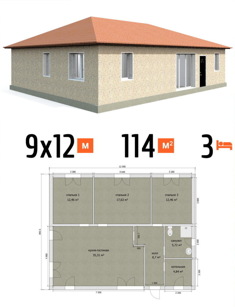 Проект дома 114 кв.м 3 спальни 9 на 12 одноэтажный - расчет под ключ фото и планы