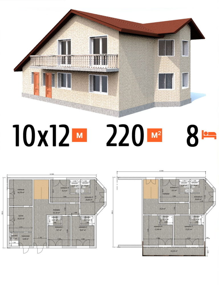 Проект гостиницы 220 кв.м 8 номеров 10 на 12 двухэтажная - стоимость строительства фото и планы