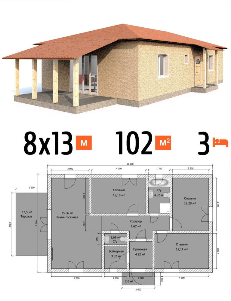 Проект дома 102 кв.м 3 спальни 8 на 13 одноэтажный - цена постройки фото и планы