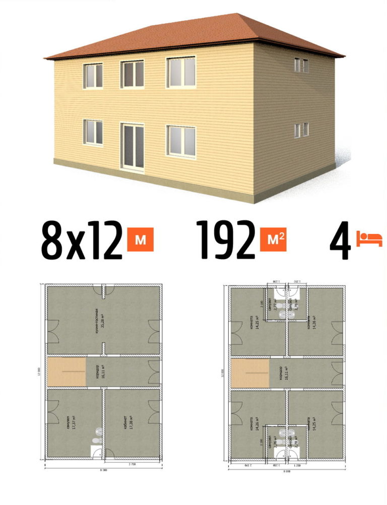 Проект гостиницы 192 кв.м 4 номера 8 на 12 двухэтажная - цена под ключ фото и планы