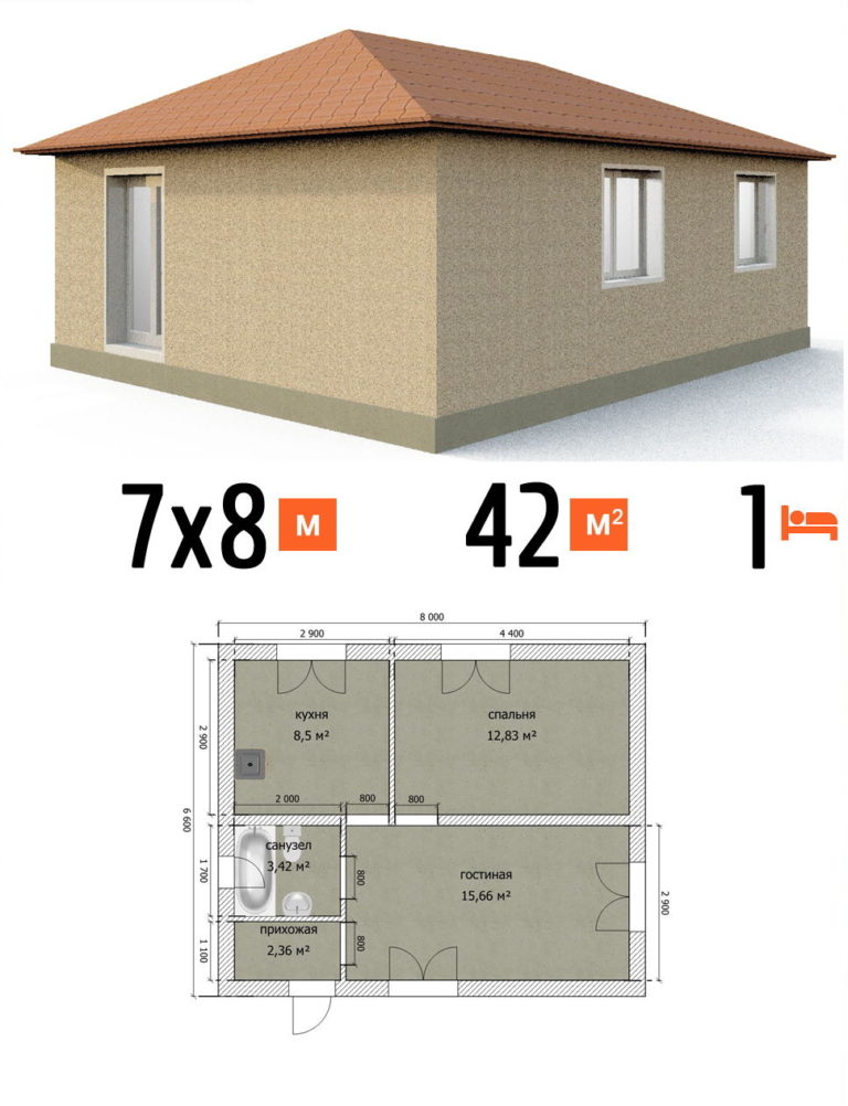 Проект дома 42 кв.м 1 спальня 7 на 8 одноэтажный - цена постройки фото и планы