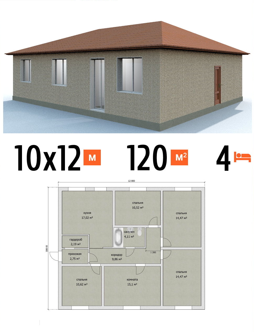 Проект дома 120 кв.м 4 спальни 10 на 12 одноэтажный - цена строительства фото и планы